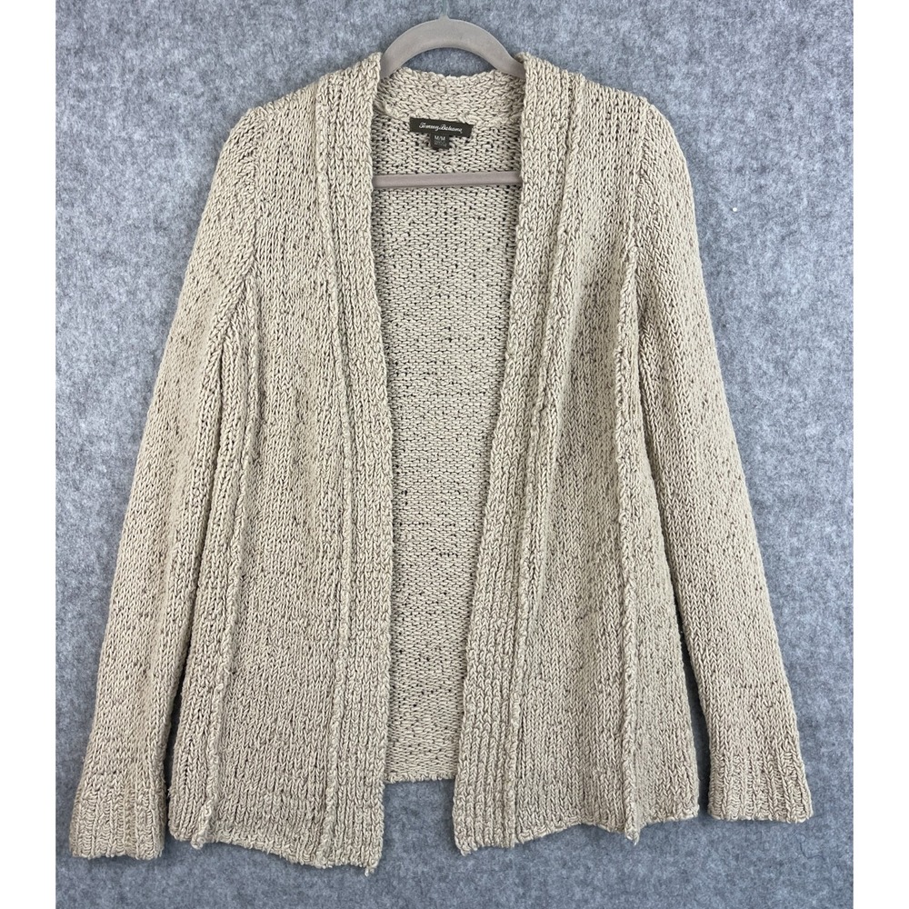 Tommy Bahama Long Cardigan Women Medium Beige Wool Blend Chunky Knit Open Front